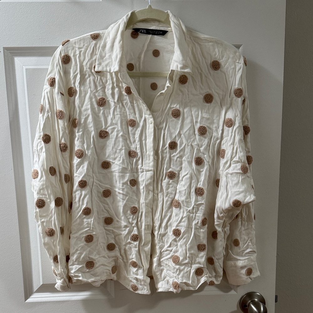 Zara Cream Blouse with Tan Dot Accent